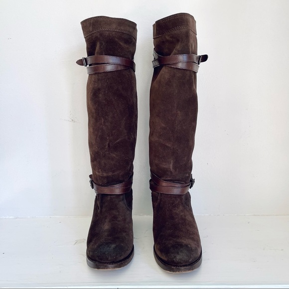 Frye Jane Strappy Tall Slouchy Boots In Dark Brown Suede Size 8 - Picture 3 of 13